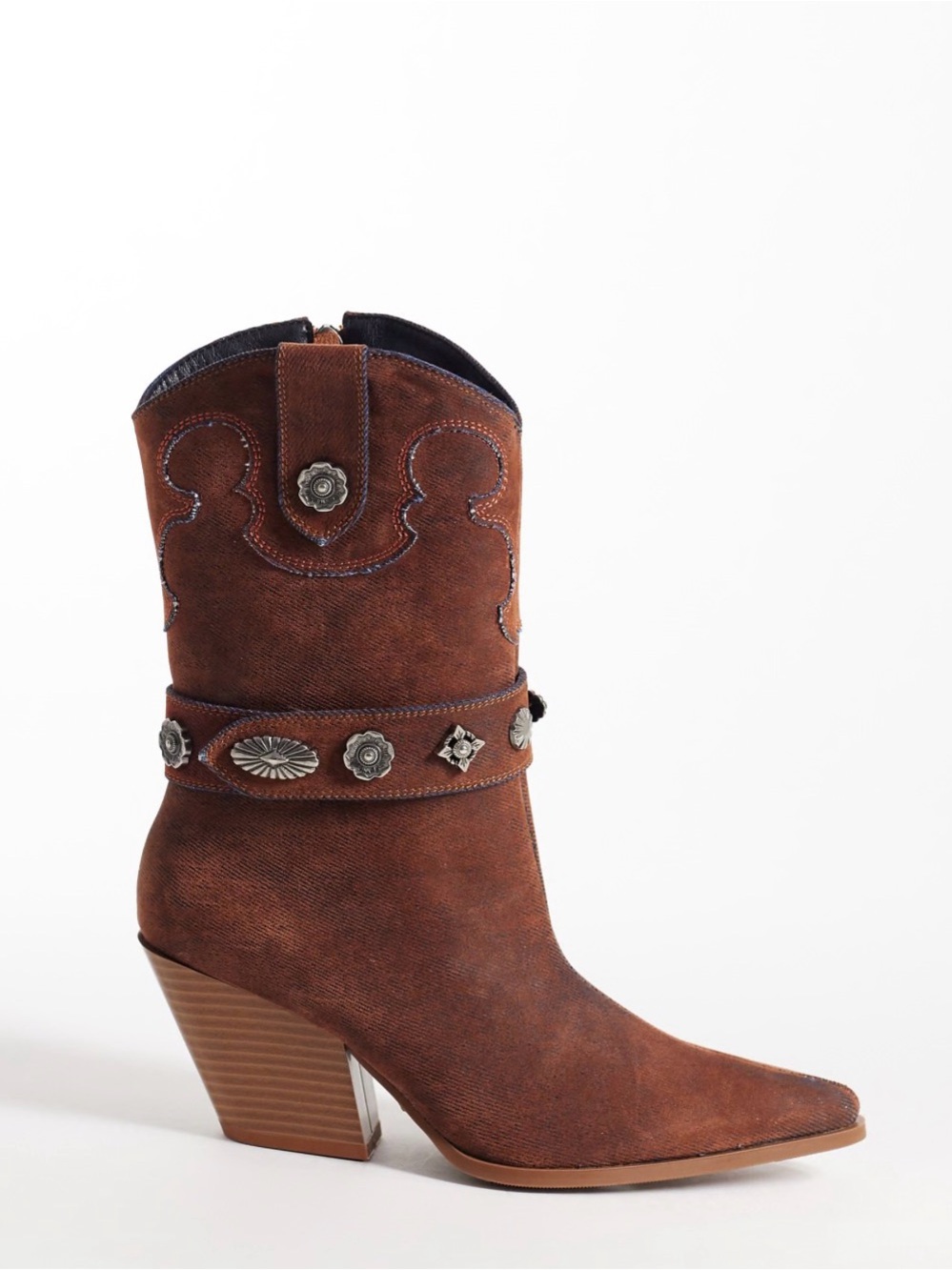 Azalea Wang Neith embellished belt western mid ankle boots in suede